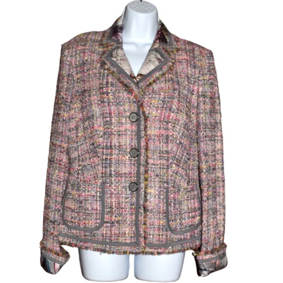 Basler Women’s Pink Gray Tweed Blazer Small-Medium Fun Vibrant Print Jacket - Picture 1 of 15